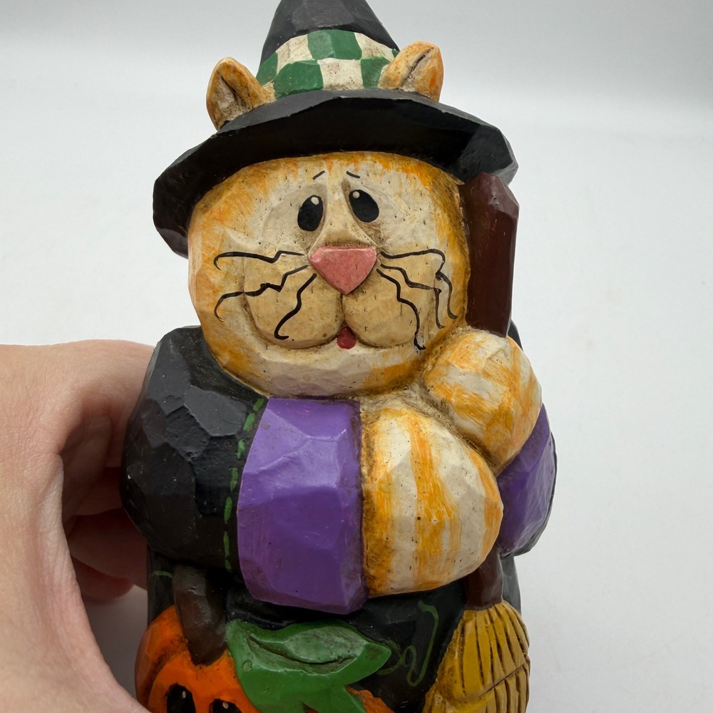 Eddie Walker Folk Art Halloween Cat Witch Figurine Resin Pumpkin Broom Decor - Picture 7 of 10